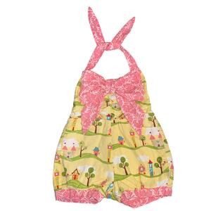 Sam & Sydney 2T Romper EUC Village Print Halter Pink Bow Summer Bubble Suit